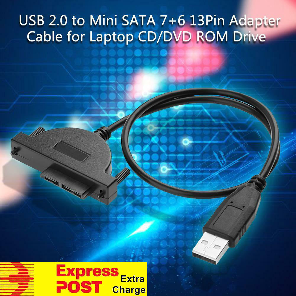 USB 2.0 to Mini Slim SATA 7+6 13Pin Adapter Cable for Laptop CD/DVD Slimline Drive