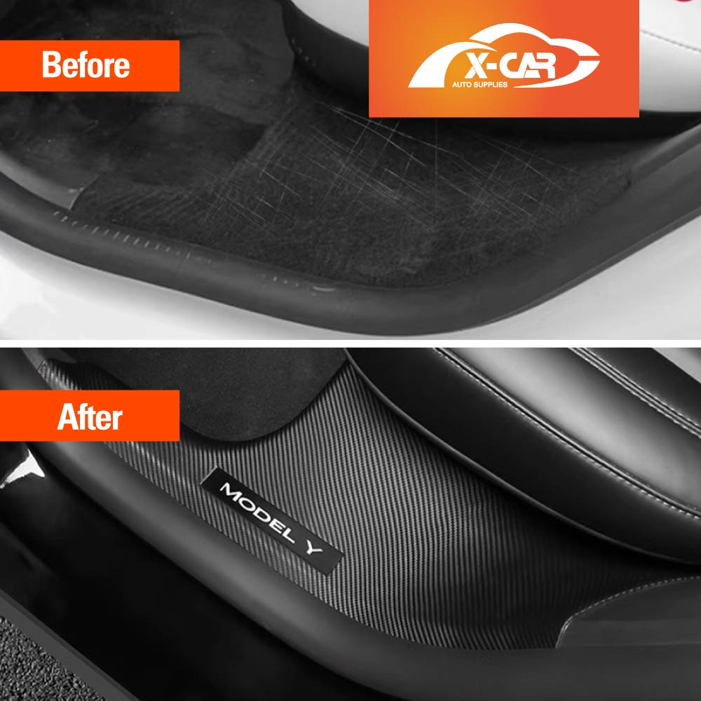Tesla Model Y 2022-2025 Carbon Fiber Style Rear Door Sill Plate Protector Car Threshold Scuff Trim Covers Guards