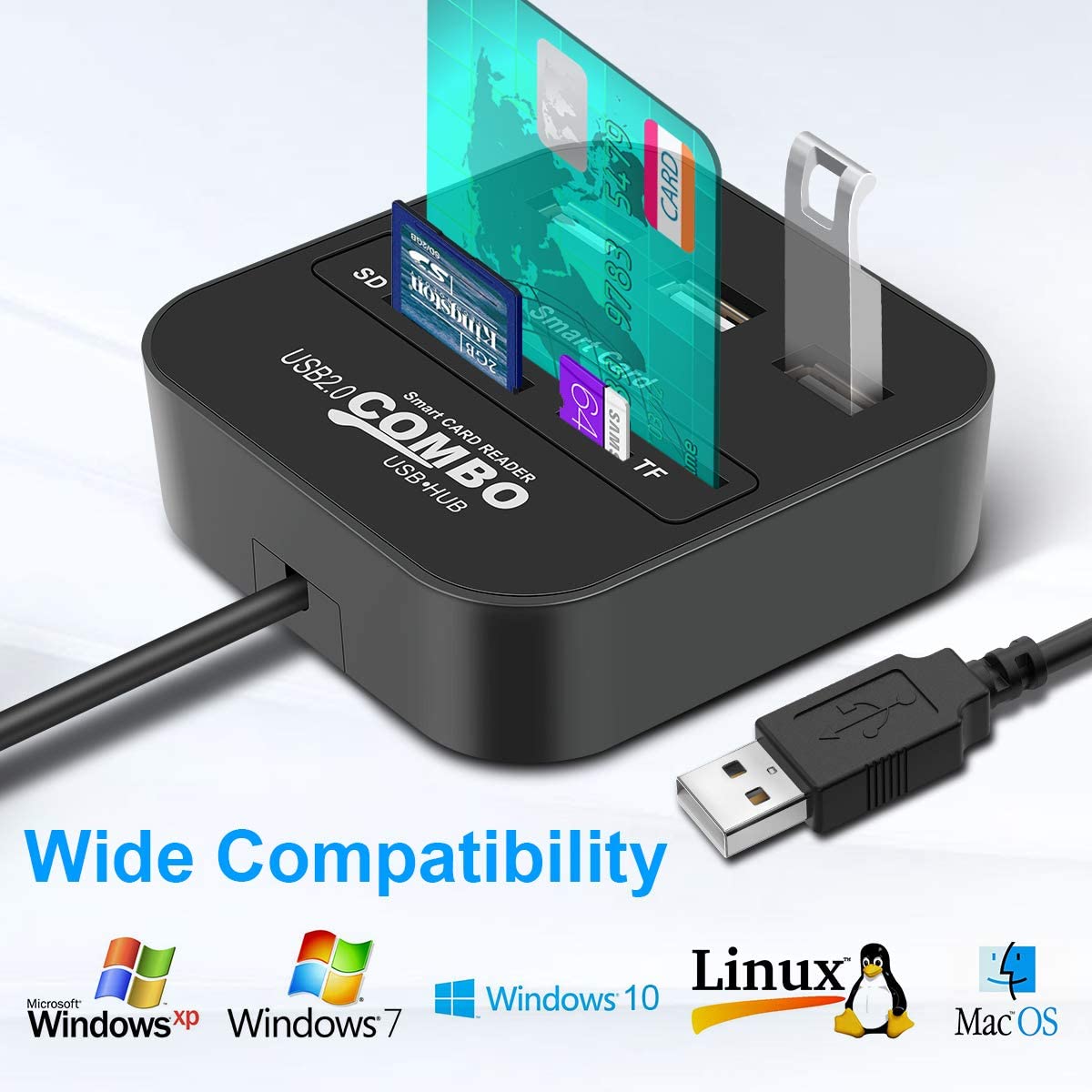 USB Smart Card Reader Adapter with 3 USB Hub Compatible IC/ID EMV TF MMC CAC SIM ATM