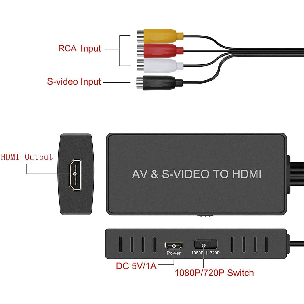 SVideo to HDMI Converter, S-Video & 3RCA CVBS AV to HDMI Adapter 1080P/720P Compatible with PC Laptop, Xbox, PS3, VHS VCR Camera DVD Players