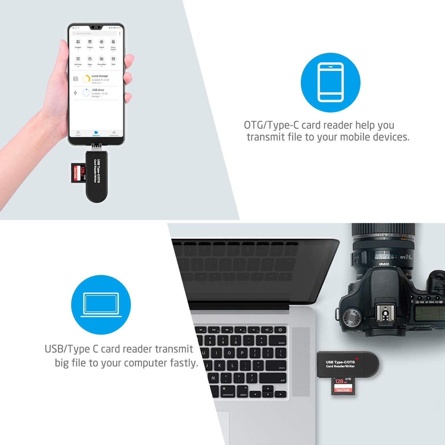 SD/Micro SD Card Reader with USB/Micro OTG USB/USB Type-C for SDXC SDHC MMC RS-MMC Micro SDXC Micro SDHC UHS-I