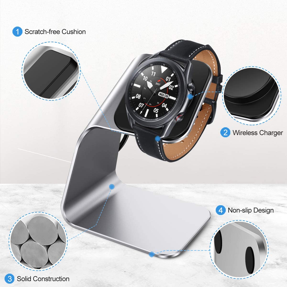 Aluminium Grey Wireless Charger Stand for Samsung Galaxy Watch 3 41mm