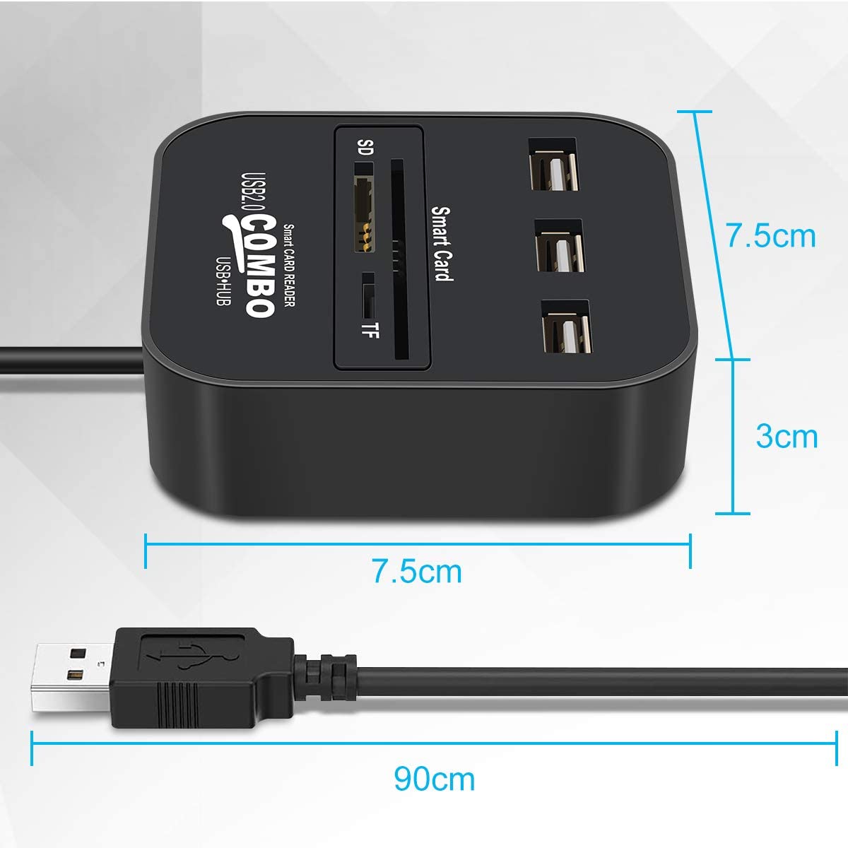 USB Smart Card Reader Adapter with 3 USB Hub Compatible IC/ID EMV TF MMC CAC SIM ATM