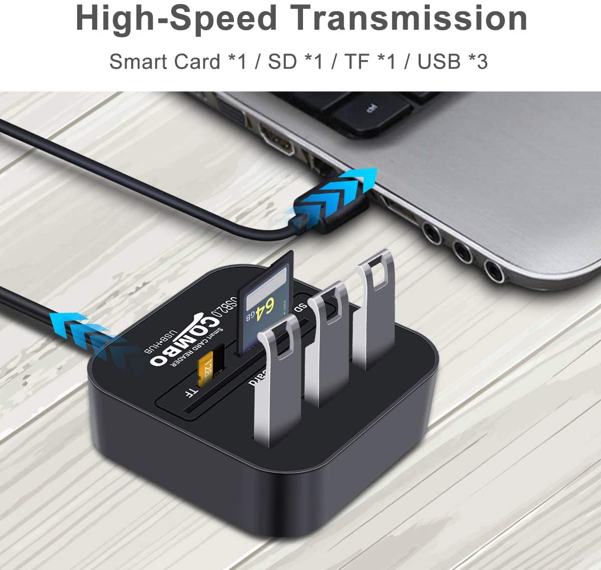 USB Smart Card Reader Adapter with 3 USB Hub Compatible IC/ID EMV TF MMC CAC SIM ATM