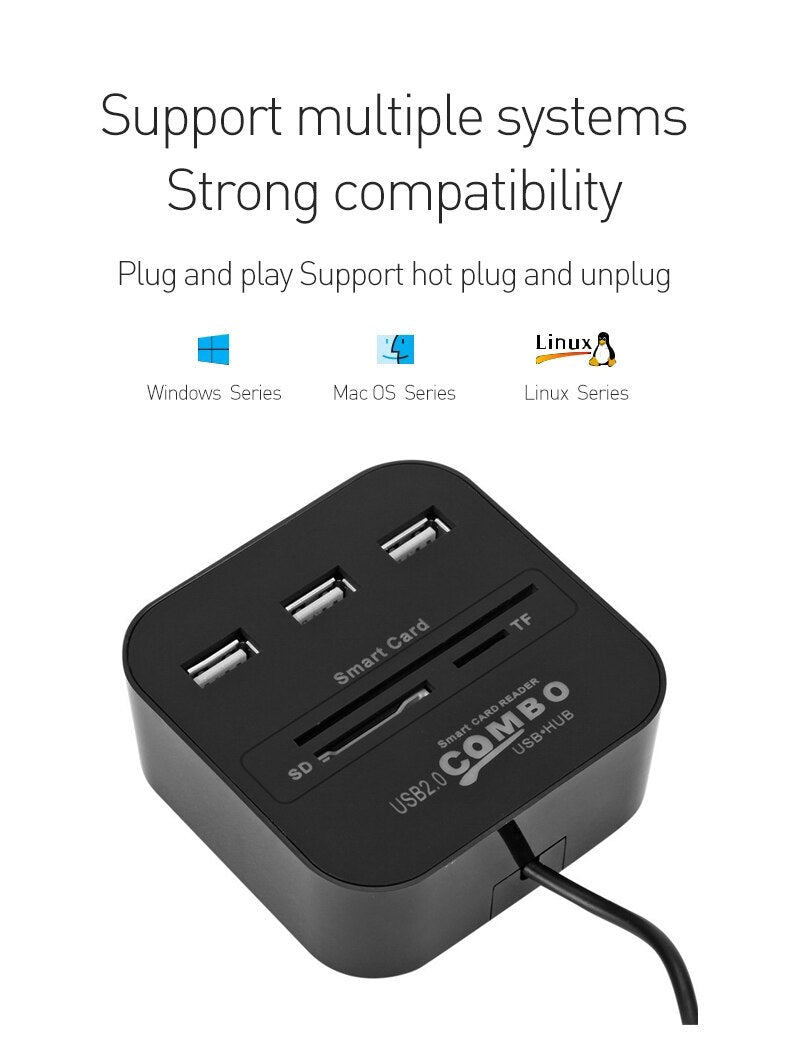 USB Smart Card Reader Adapter with 3 USB Hub Compatible IC/ID EMV TF MMC CAC SIM ATM