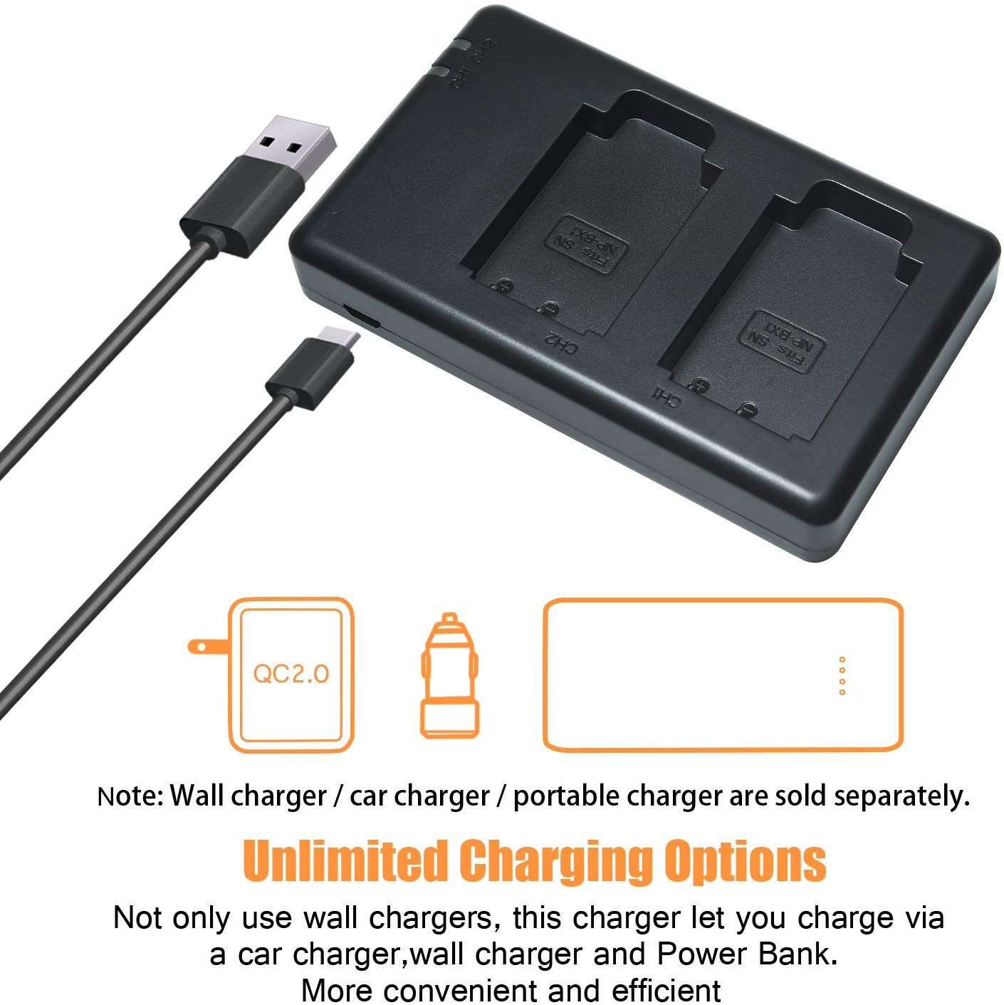USB Dual Battery Charger for Sony NP-BX1 DSC-WX500 HX90V HDR-AS200V HDR-PJ410 HDR-CX405 HDR-CX440 Camera