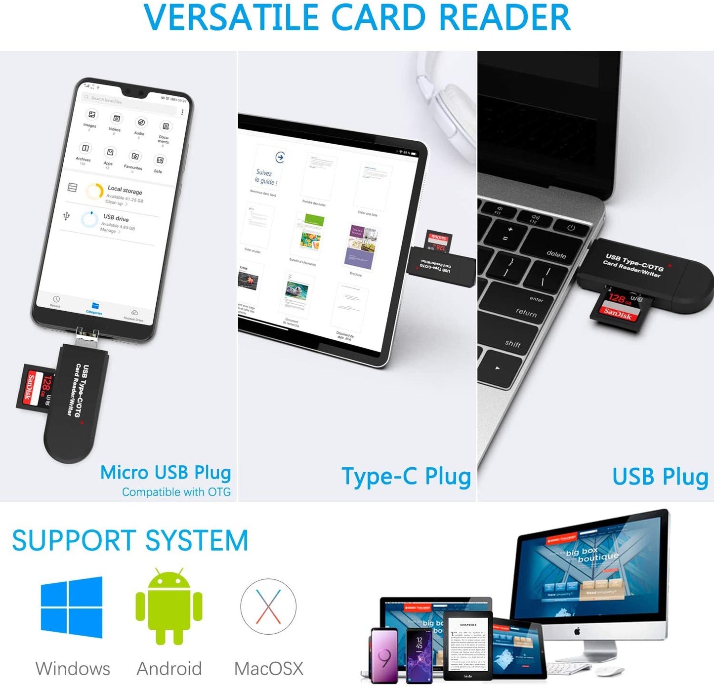 SD/Micro SD Card Reader with USB/Micro OTG USB/USB Type-C for SDXC SDHC MMC RS-MMC Micro SDXC Micro SDHC UHS-I
