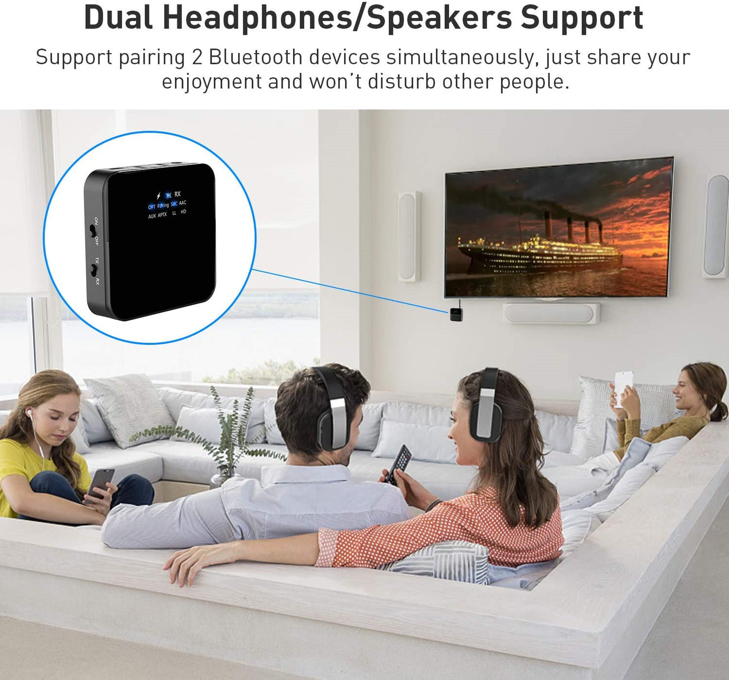 Bluetooth 5.0 Wireless Audio Adapter Transmitter Receiver with Toslink AUX RCA for TV PC Stereo System Headphones Speaker