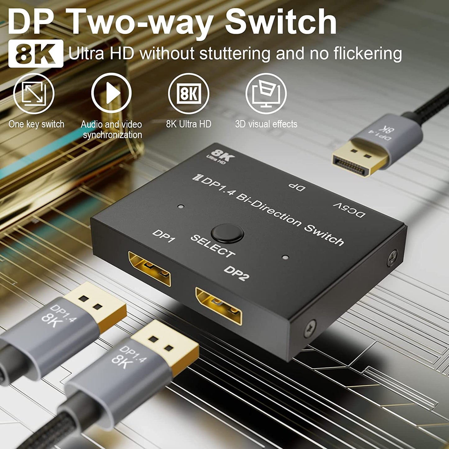 8K DisplayPort Bi-Directional Switch DP1.4 Ultra HD '1in 2out'/'2in 1out' Splitter Converter for PC Switch PS5/4/3 Blu-Ray DVD