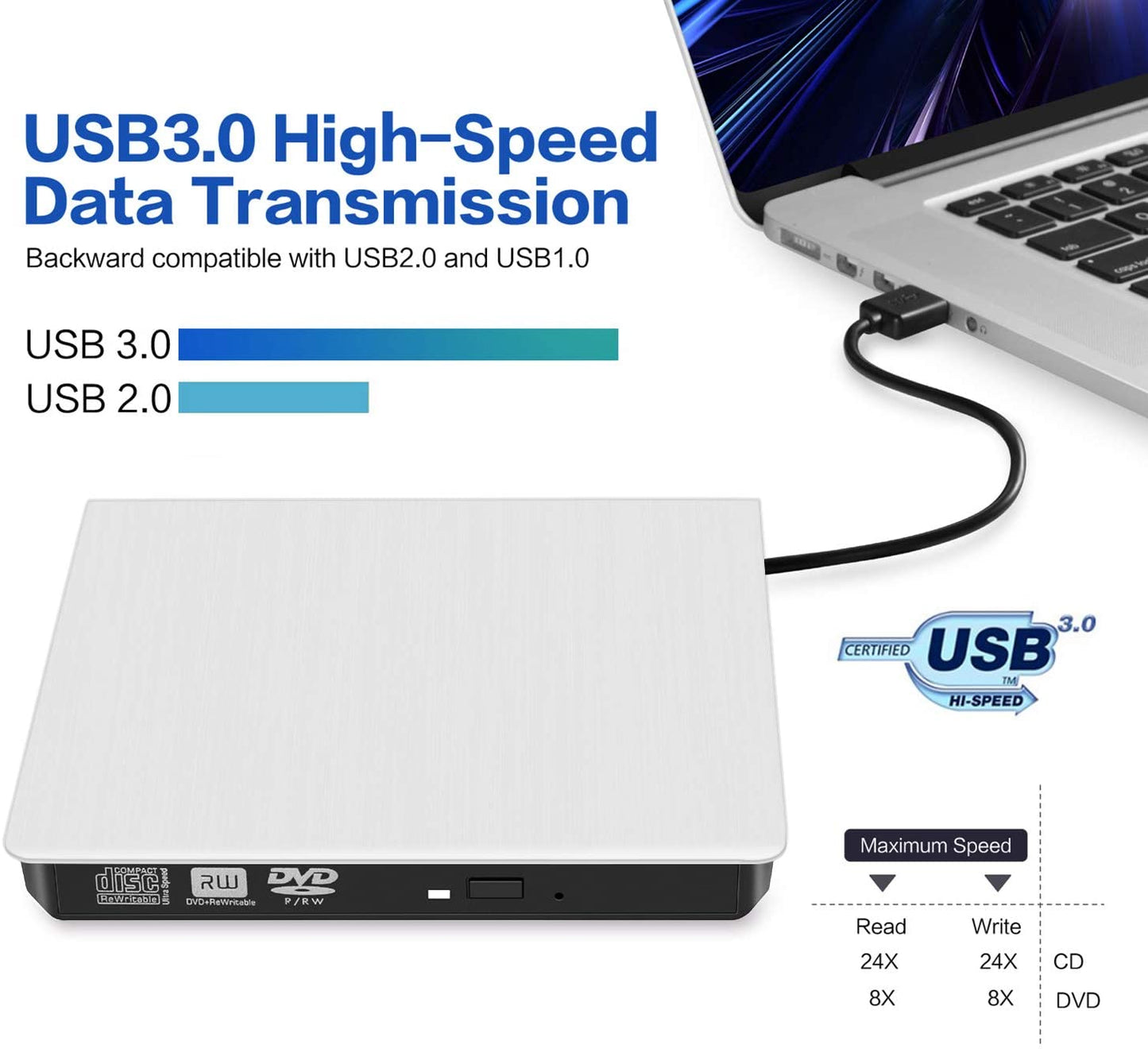 USB 3.0 Slim External DVD RW CD Writer Burner Reader Player Optical Drives for Laptop PC Win 11/10/8/7/xp Mac OS