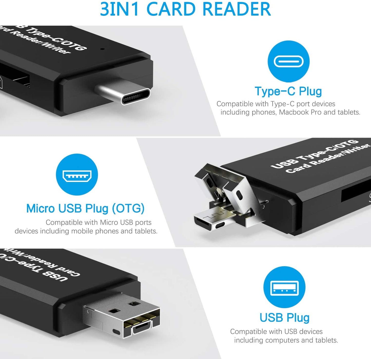 SD/Micro SD Card Reader with USB/Micro OTG USB/USB Type-C for SDXC SDHC MMC RS-MMC Micro SDXC Micro SDHC UHS-I
