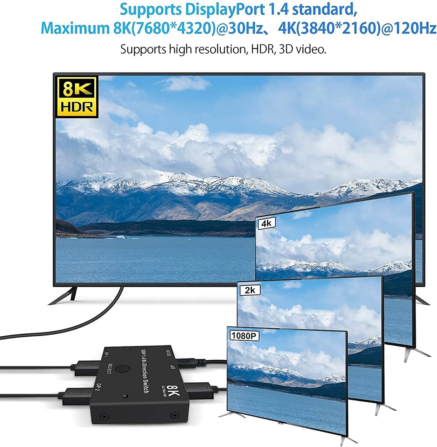 8K DisplayPort Bi-Directional Switch DP1.4 Ultra HD '1in 2out'/'2in 1out' Splitter Converter for PC Switch PS5/4/3 Blu-Ray DVD
