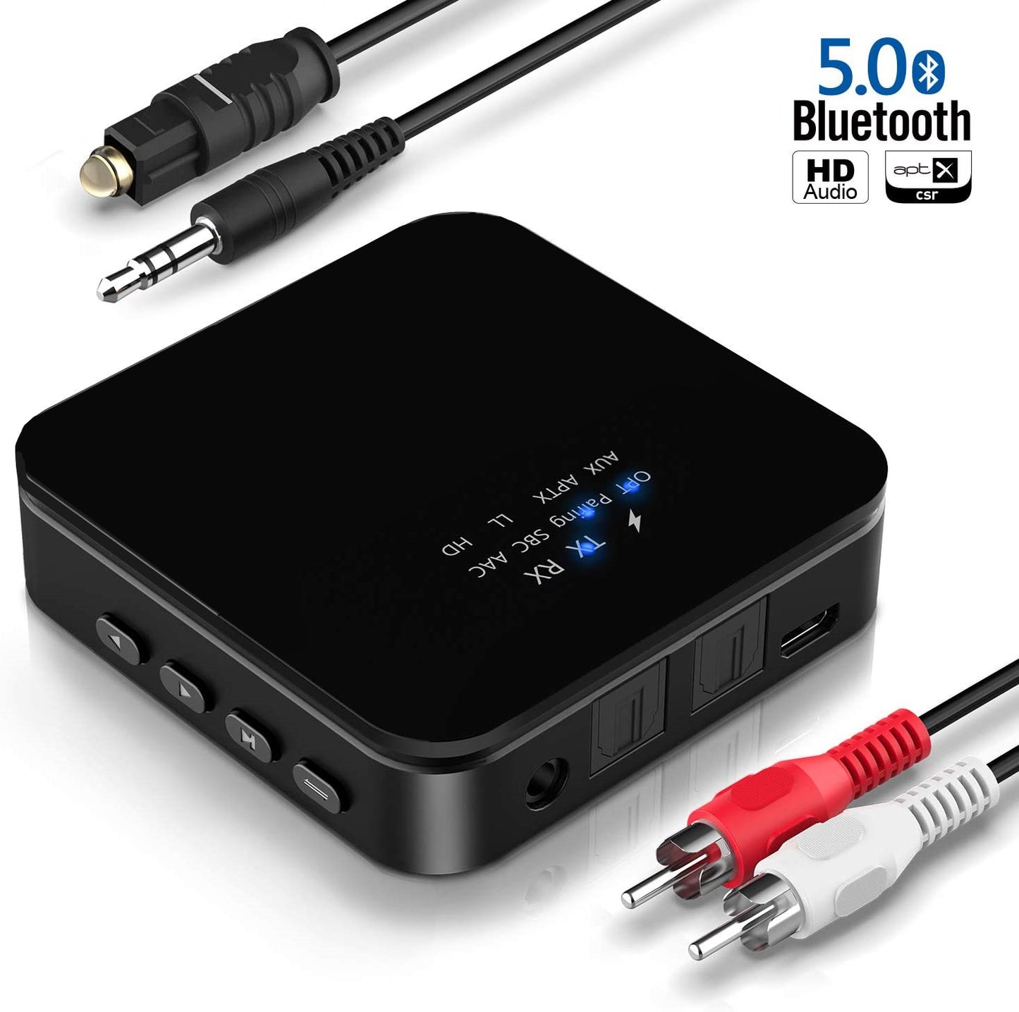 Bluetooth 5.0 Wireless Audio Adapter Transmitter Receiver with Toslink AUX RCA for TV PC Stereo System Headphones Speaker