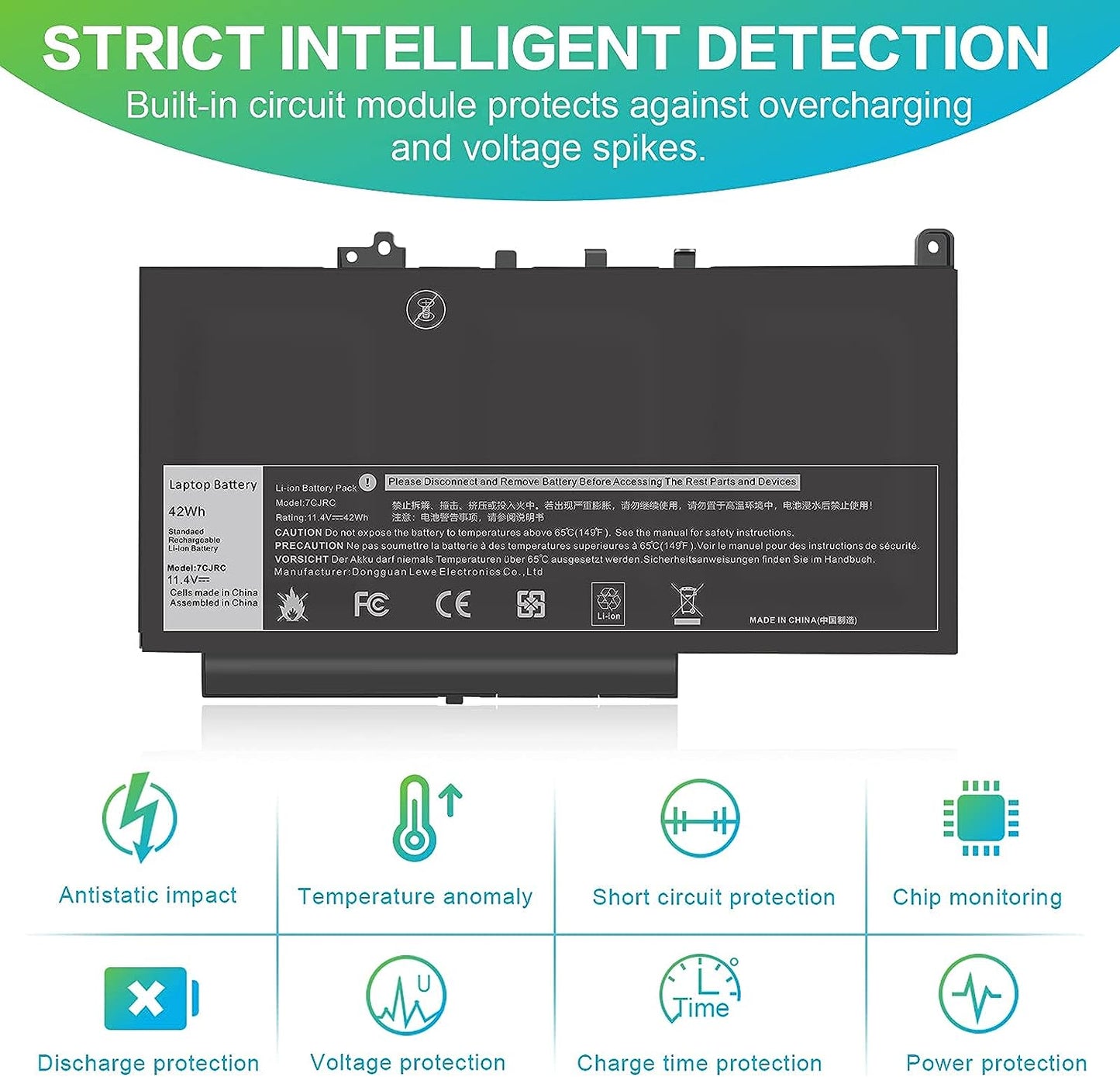 42Wh Dell Latitude E7470 E7270 Laptop Replacement Battery, Only fit battery part # 7CJRC