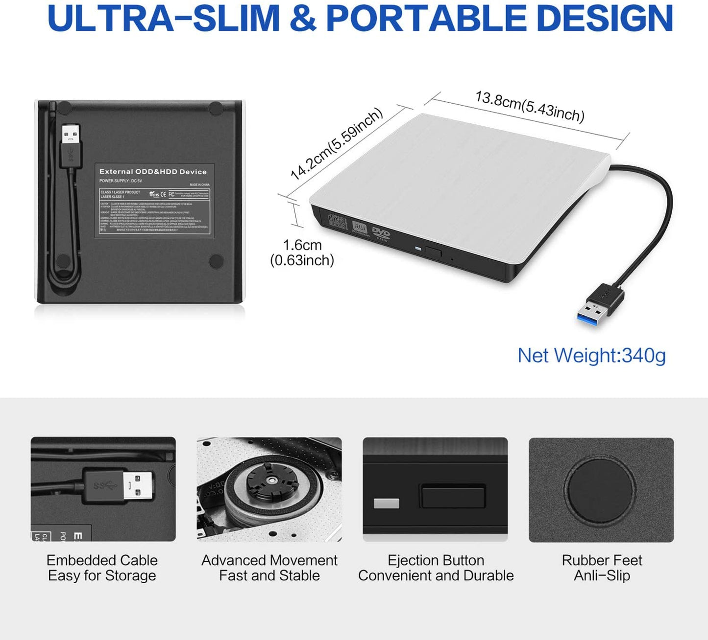 USB 3.0 Slim External DVD RW CD Writer Burner Reader Player Optical Drives for Laptop PC Win 11/10/8/7/xp Mac OS