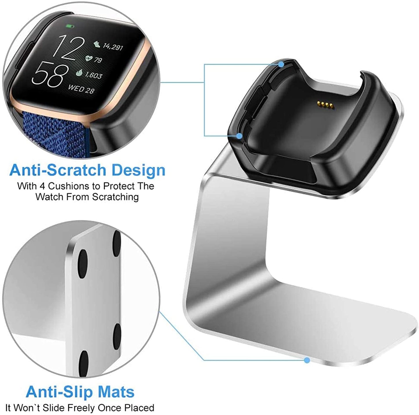 Aluminium USB Charger Charging Stand Dock Cradle for Fitbit Versa & Versa Lite & FB505 Smart Watch