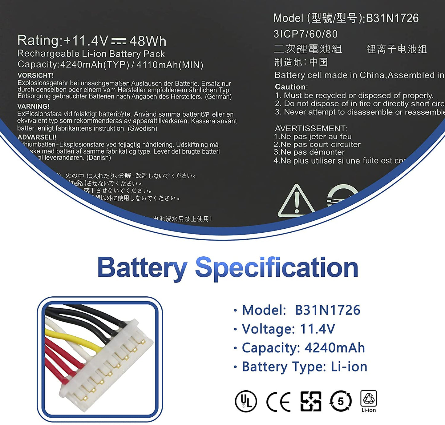 Replacement Battery for ASUS B31N1726 FX80 FX80GD FX86 FX86FM FX86FE FX504 FX504GD FX504GE FX504GM FX505 PX505GD FX505DY FX505GE FX505GM FX505GT