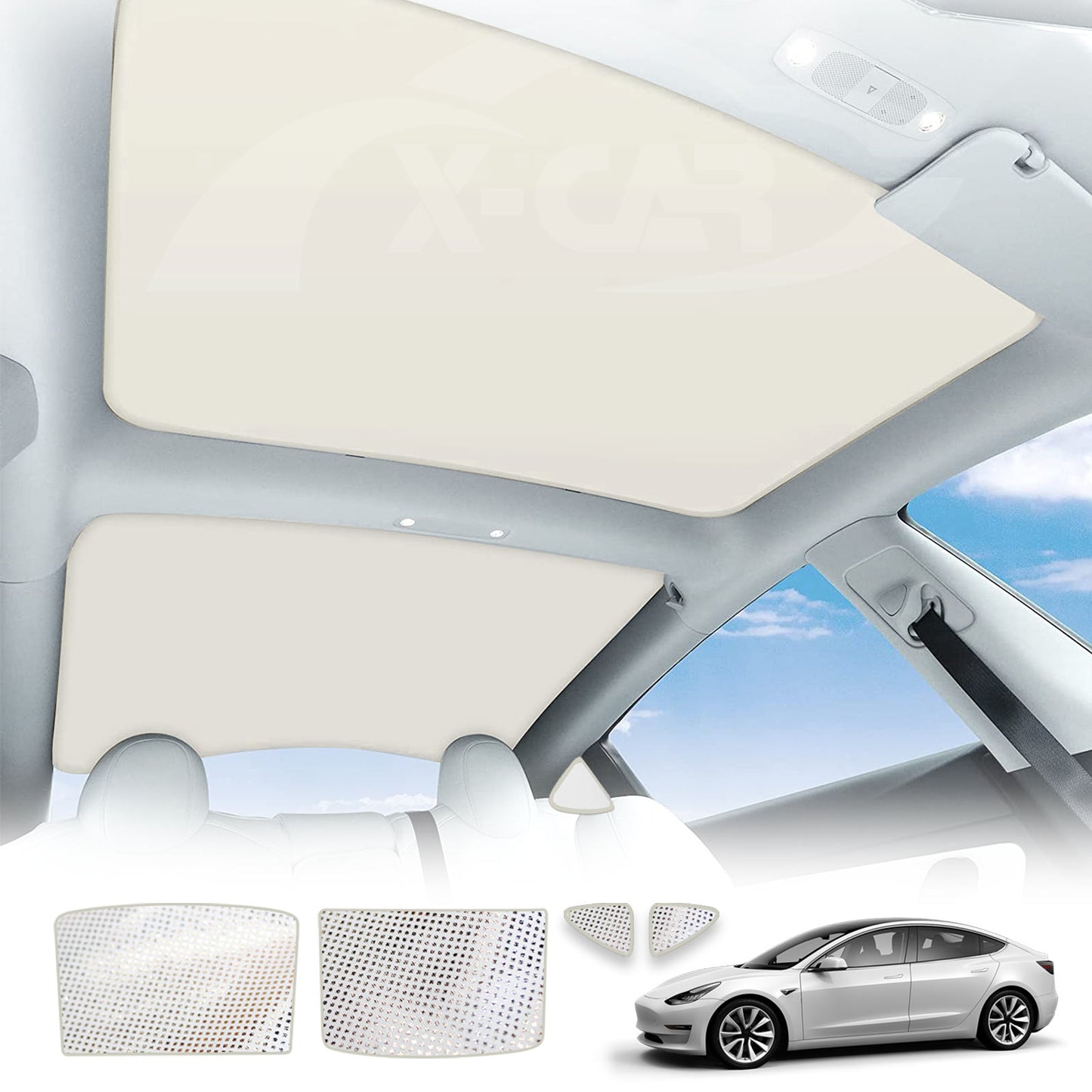 Tesla Model 3 Glass Roof Sunroof Mesh Top Window Sun Blind Shade Sunshade with UV Heat Insulation Film, Fit 2017-2023 Version (Cream White)