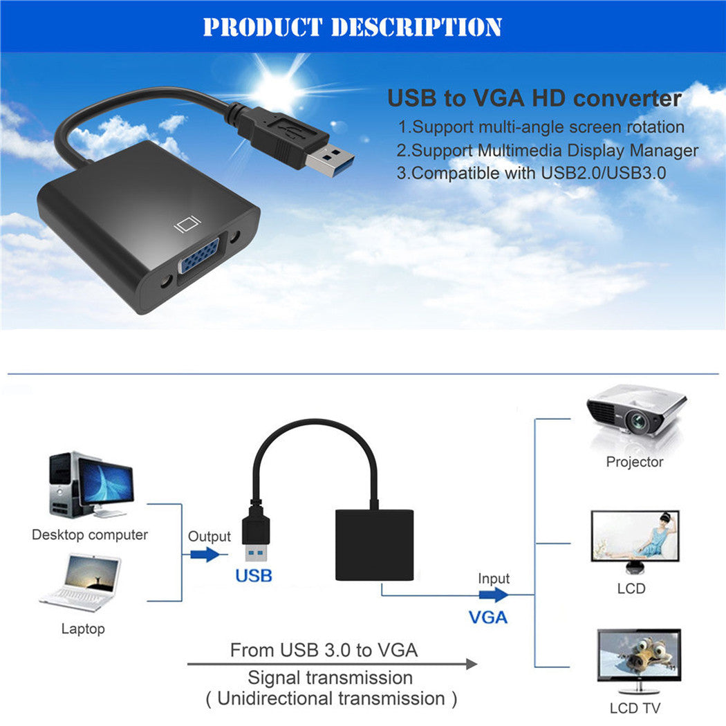USB 3.0 to VGA Multi Display Adapter External Video Card Cable For Window XP/7/8/Vista