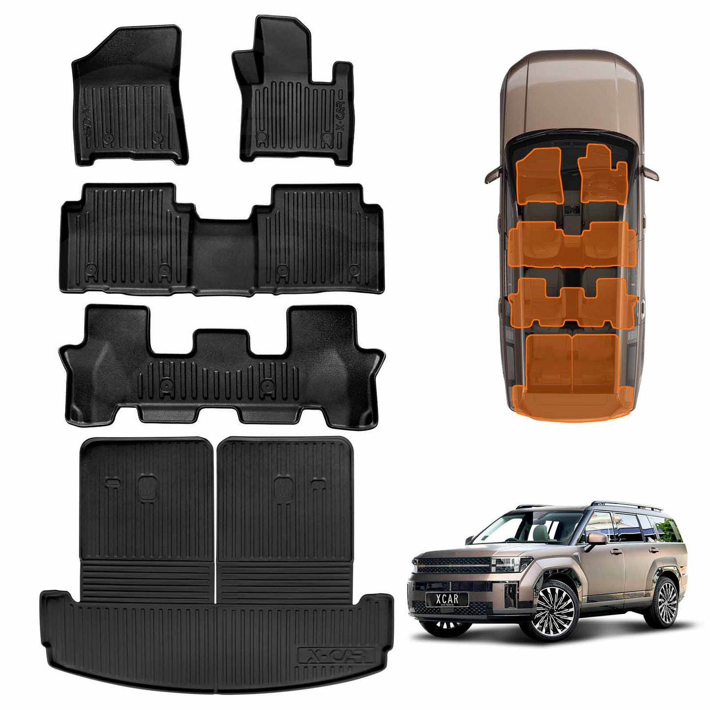3D Heavy Duty All Weather Car Mats Boot Liner Floor Liner Full Set for Hyundai SantaFe Santa Fe 6/7 Seater 2024-2025 Cargo Trunk Mat