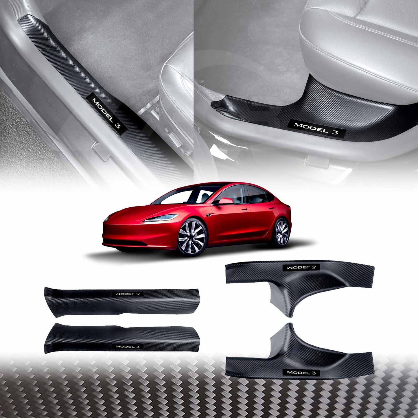 Tesla Model 3 Highland 2023-2025 Carbon Fiber Style Front Rear Door Sill Plate Protector Car Threshold Scuff Trim Covers Guards Accessories