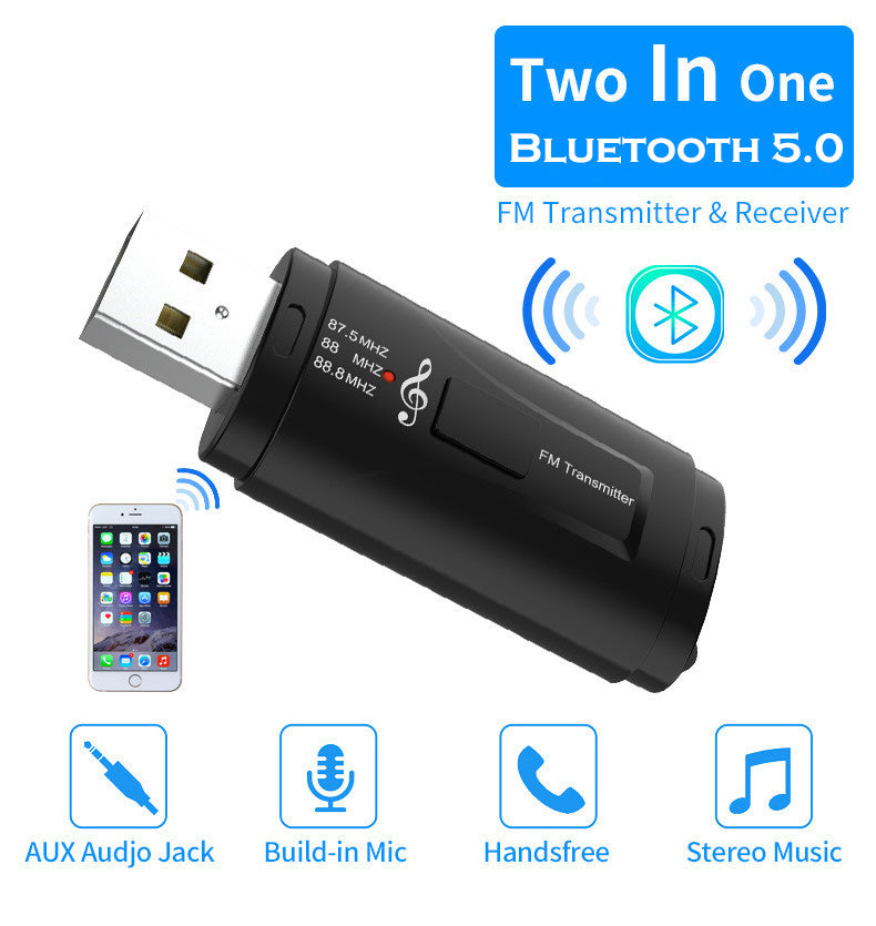 Bluetooth 5.0 Receiver FM Transmitter Wireless Audio Adapter 2-in-1 with 3.5mm for Car TV PC Stereo System Headphones Speaker