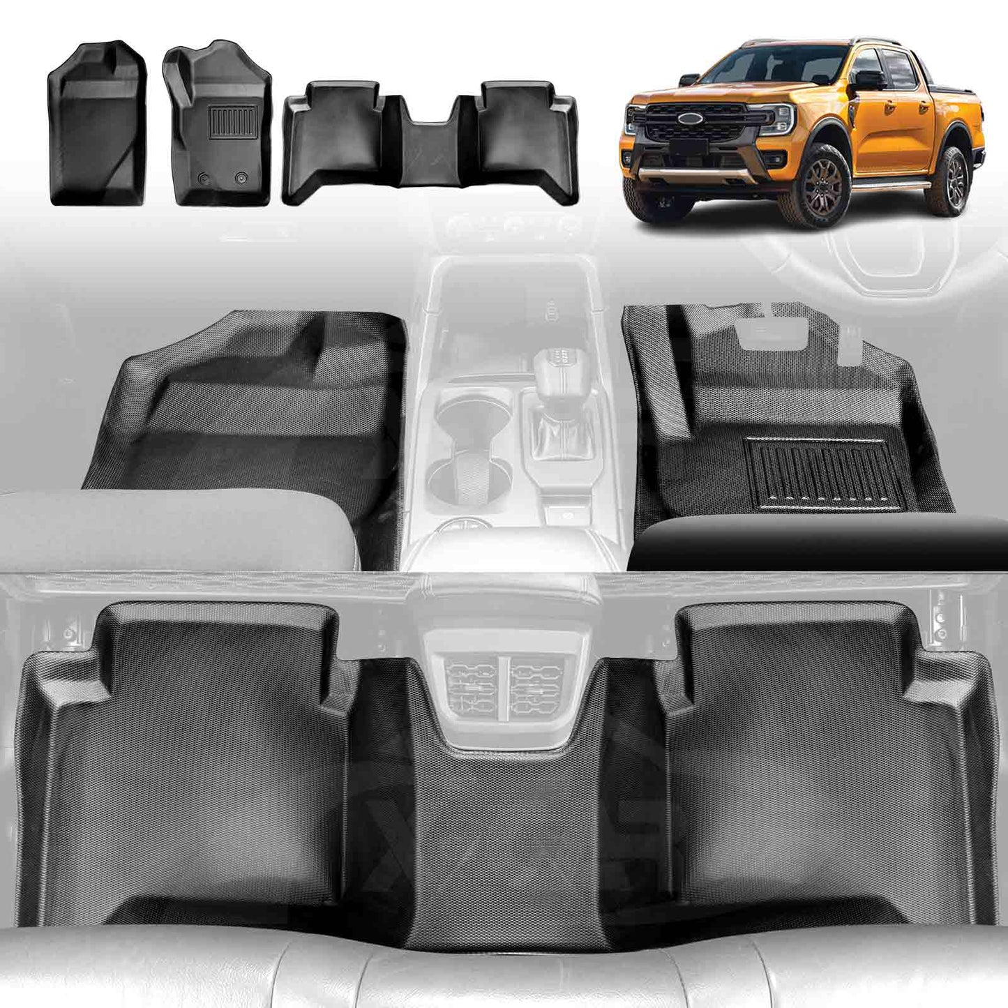 3D Car Mats Floor Liners for Ford Next-Gen Ranger 2022-Onwards Door Sill Covered Customized Heavy Duty All Weather Full Set Carpet