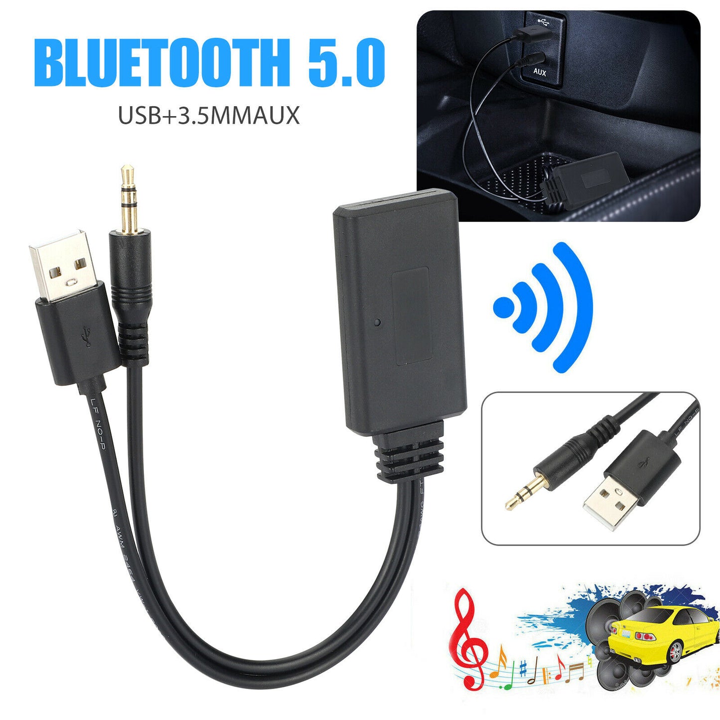 Bluetooth 5.0 Receiver Adapter USB + 3.5mm Jack Stereo Audio For Car AUX Speaker