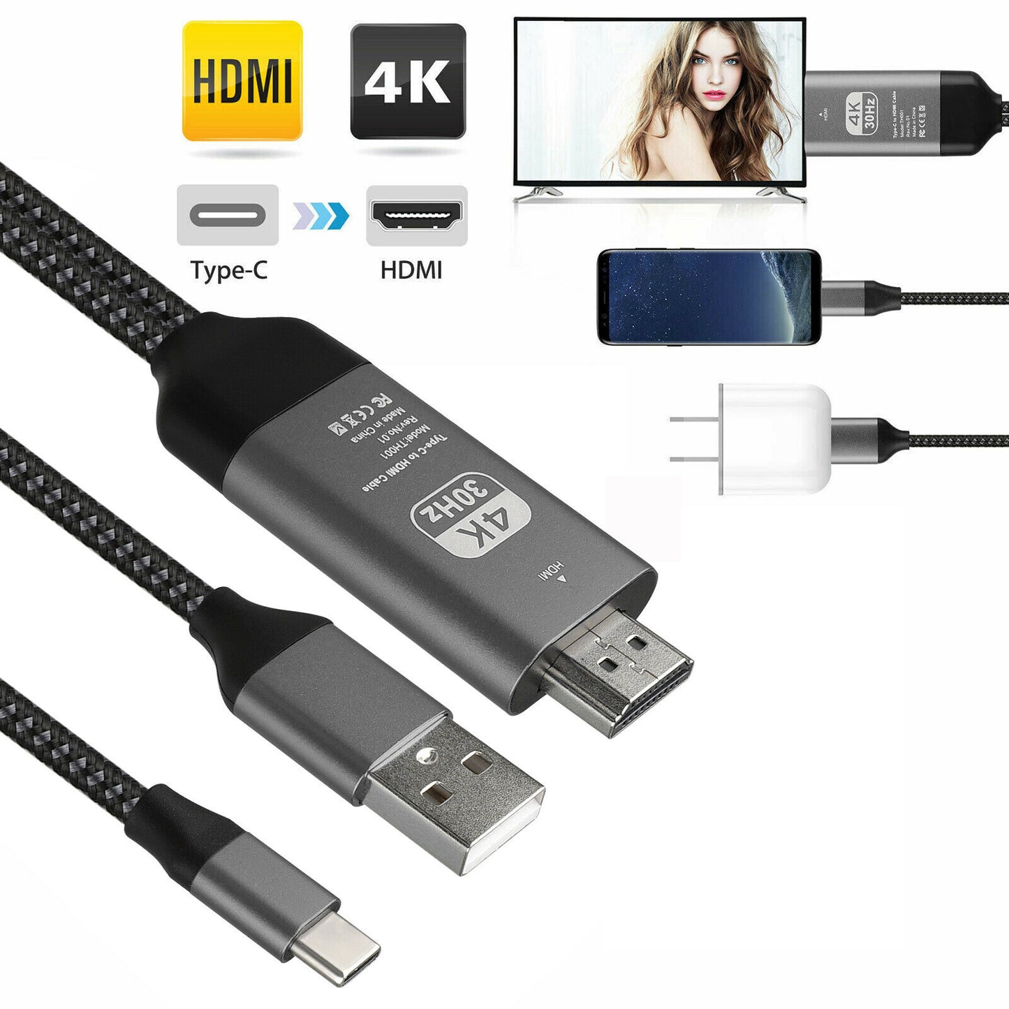4K USB Type C 3.1 Male to HDMI Male Adapter Converter with Charging Cable For Samsung Galaxy S9 S10 S20 S21 Note 9 10 20