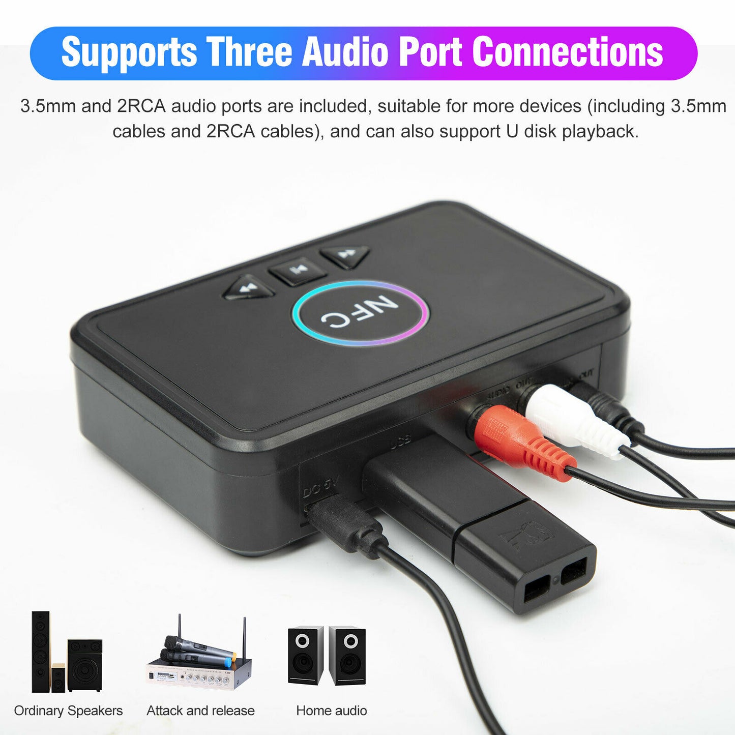 USB Bluetooth 5.0 Receiver Wireless 3.5mm AUX NFC to 2 RCA Audio Stereo Adapter