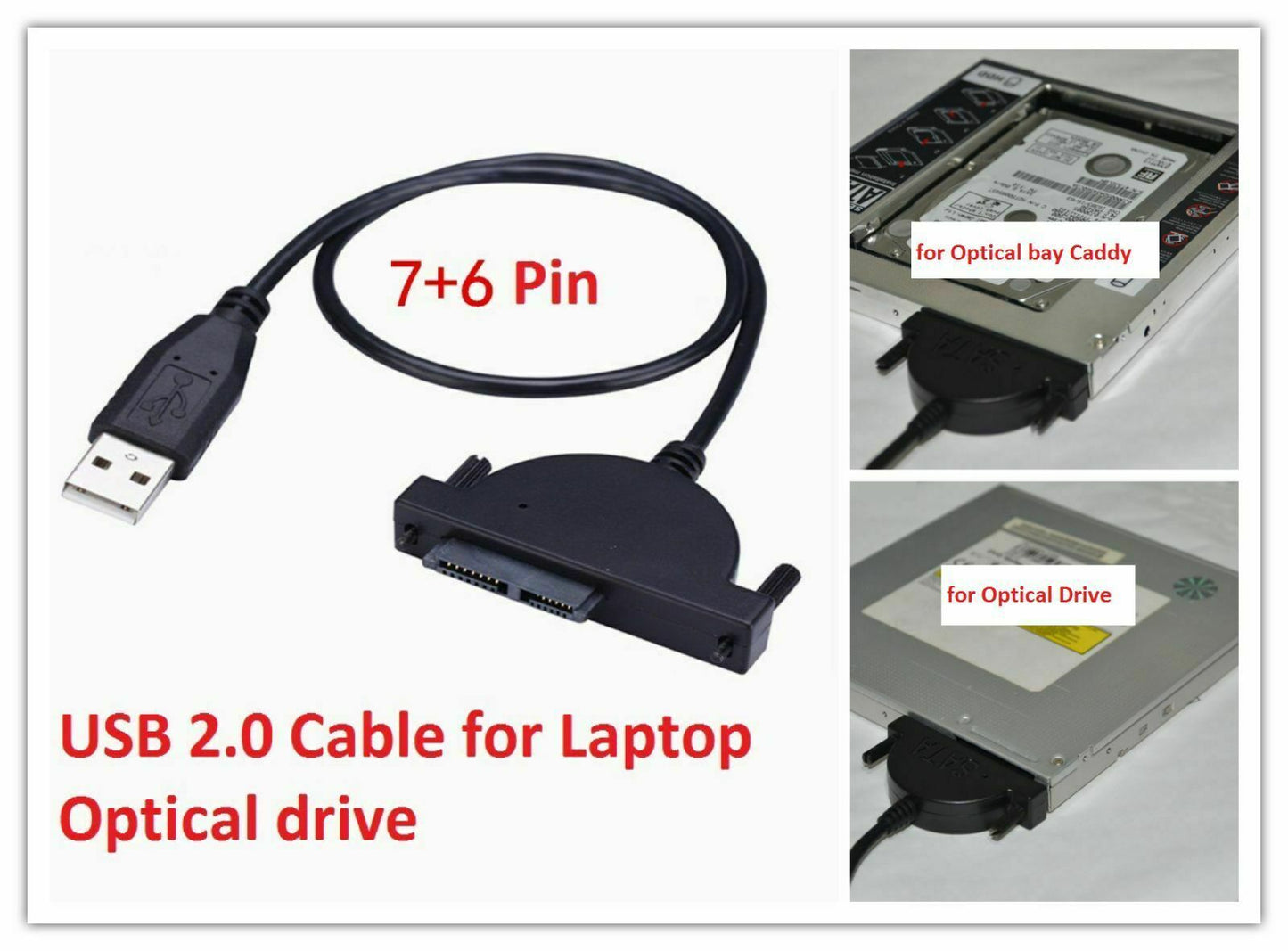 USB 2.0 to Mini Slim SATA 7+6 13Pin Adapter Cable for Laptop CD/DVD Slimline Drive