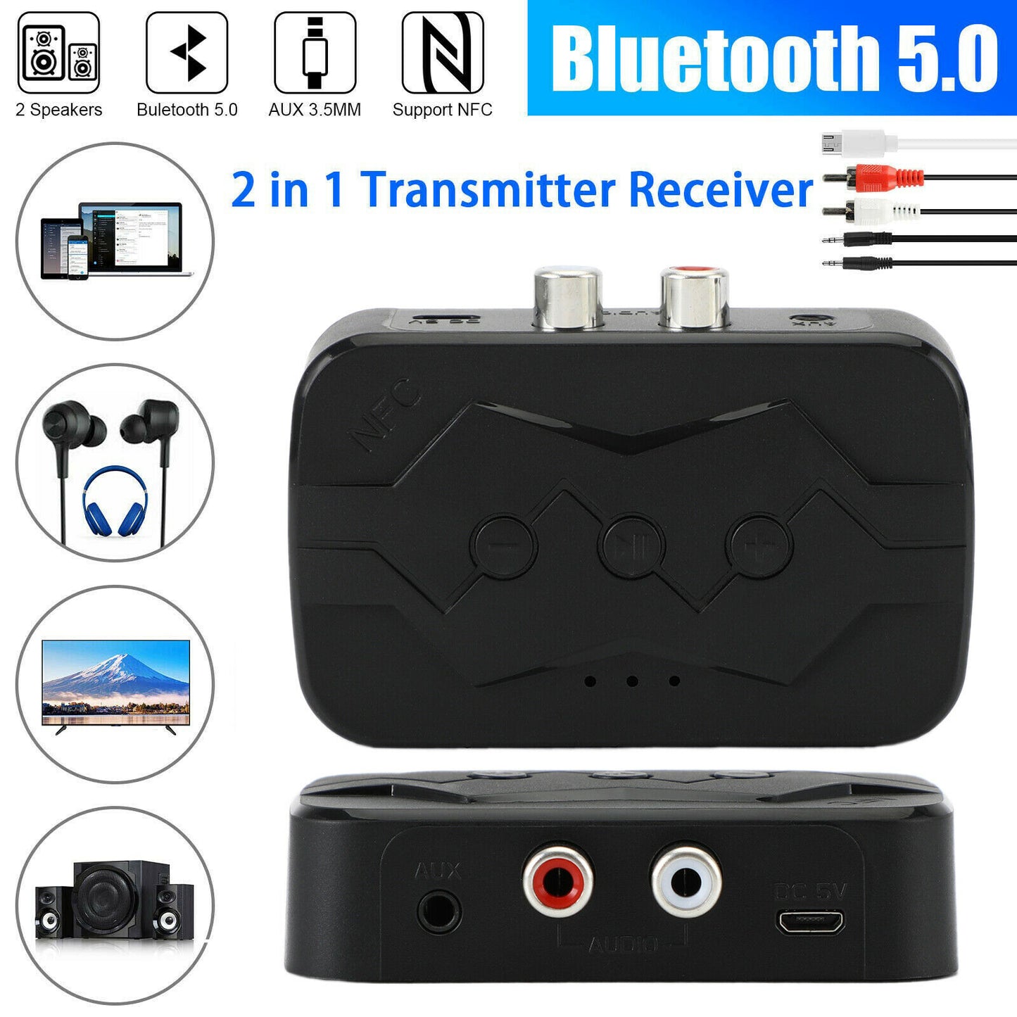 Bluetooth Receiver NFC Bluetooth Transmitter Supports TF Card USB To Play RCA Call 5.0 Interference All-in-one
