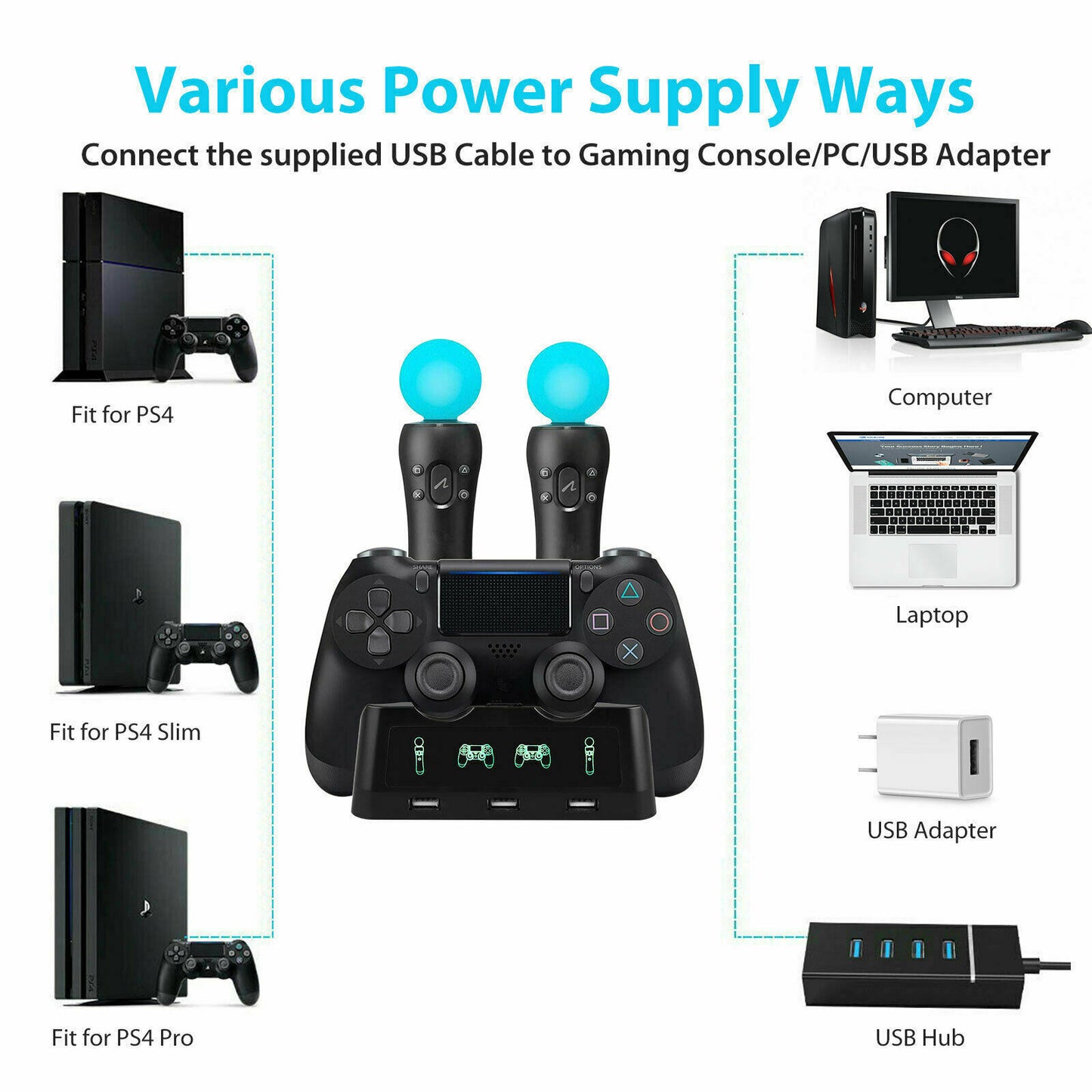 4 in 1 Charger Charging Dock Stand For Sony PS4 Playstation 4 VR PSVR Move and Dualshock Controllers