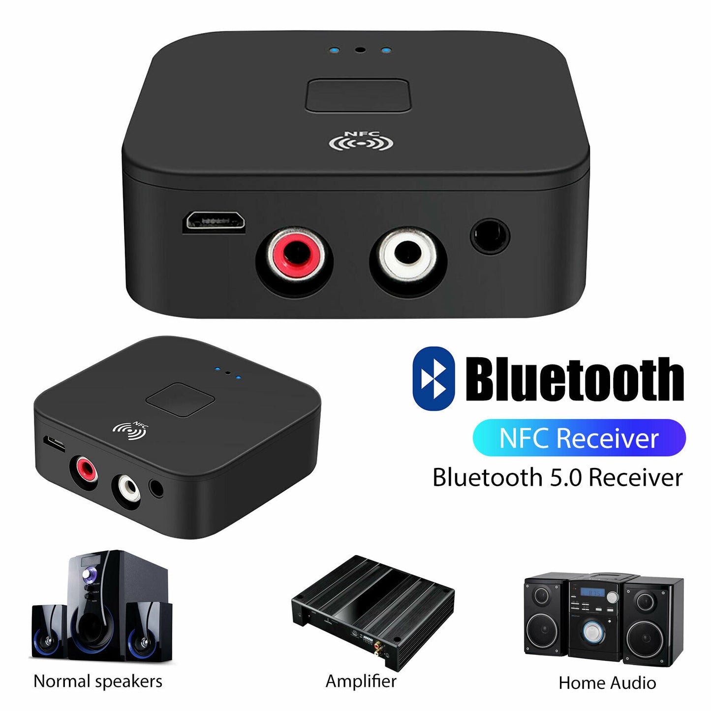 Bluetooth 5.0 Receiver Wireless 3.5mm Jack AUX NFC to 2 RCA Audio Stereo Adapter