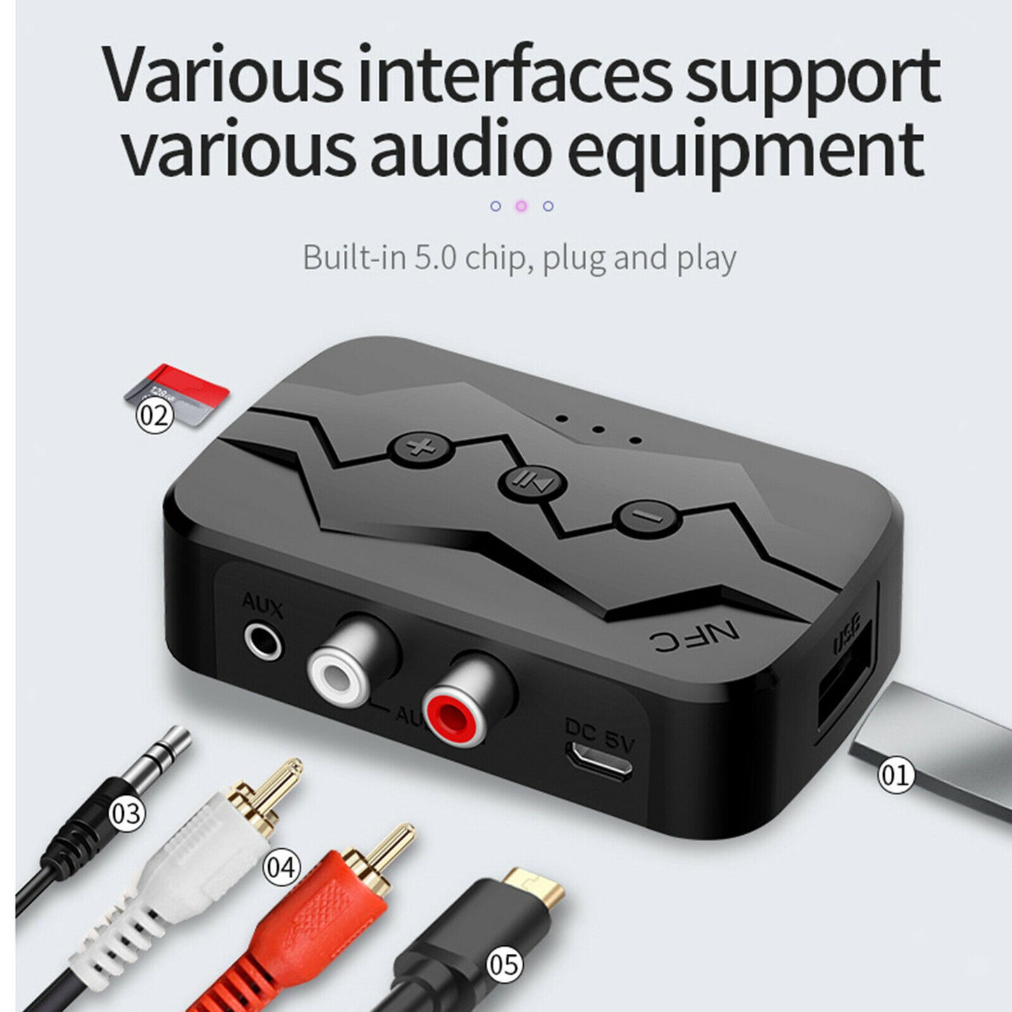 Bluetooth Receiver NFC Bluetooth Transmitter Supports TF Card USB To Play RCA Call 5.0 Interference All-in-one