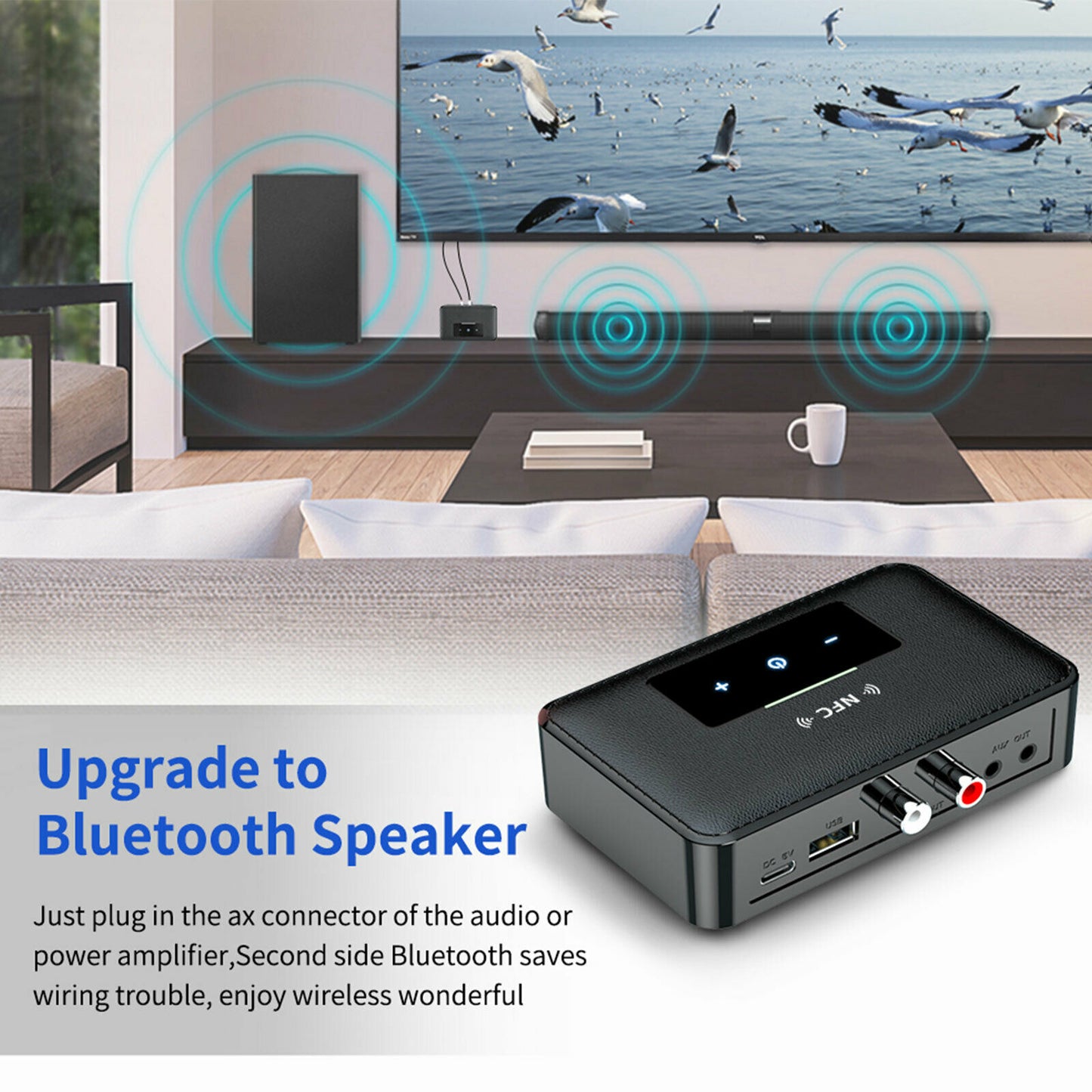 Bluetooth 5.0 Transmitter Receiver HiFi Wireless 3.5mm AUX NFC to 2 RCA Audio Adapter