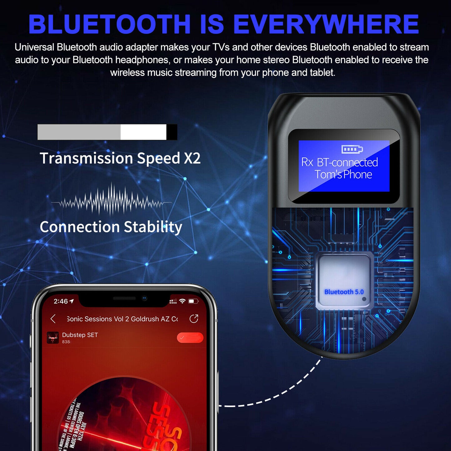 3in1 Bluetooth 5.0 Wireless Audio Adapter Transmitter Receiver with 3.5mm for TV PC Stereo System Headphones Speaker