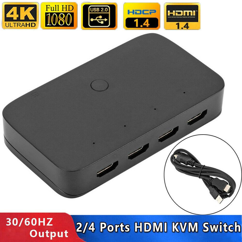 4-Port KVM Splitter USB HDMI KVM Switcher Box For Keyboard Mouse Monitor PC Sharing