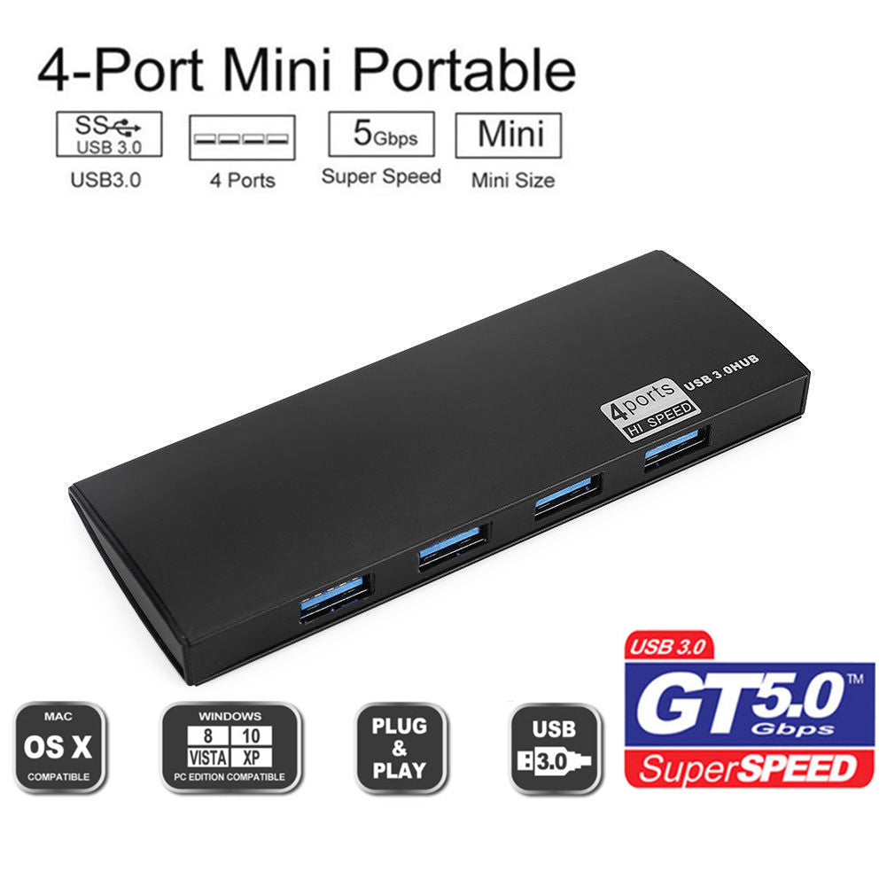 Aluminium Multi USB 3.0 Hub 4 Port High Speed 5 Gbps Ultra Slim Compact Expansion Smart Splitter