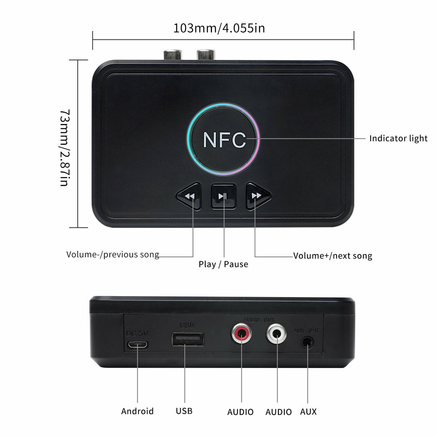 USB Bluetooth 5.0 Receiver Wireless 3.5mm AUX NFC to 2 RCA Audio Stereo Adapter