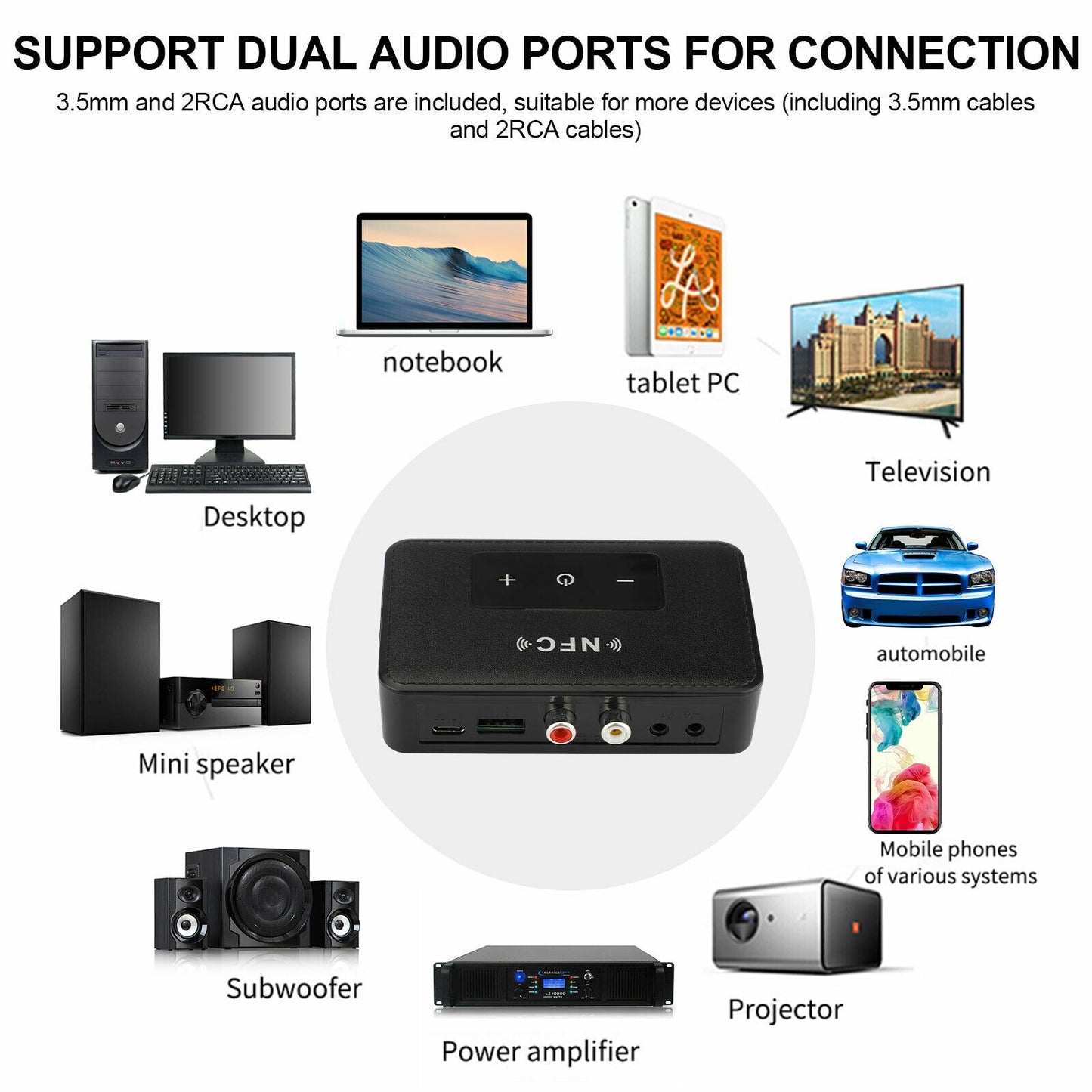 Bluetooth 5.0 Transmitter Receiver HiFi Wireless 3.5mm AUX NFC to 2 RCA Audio Adapter