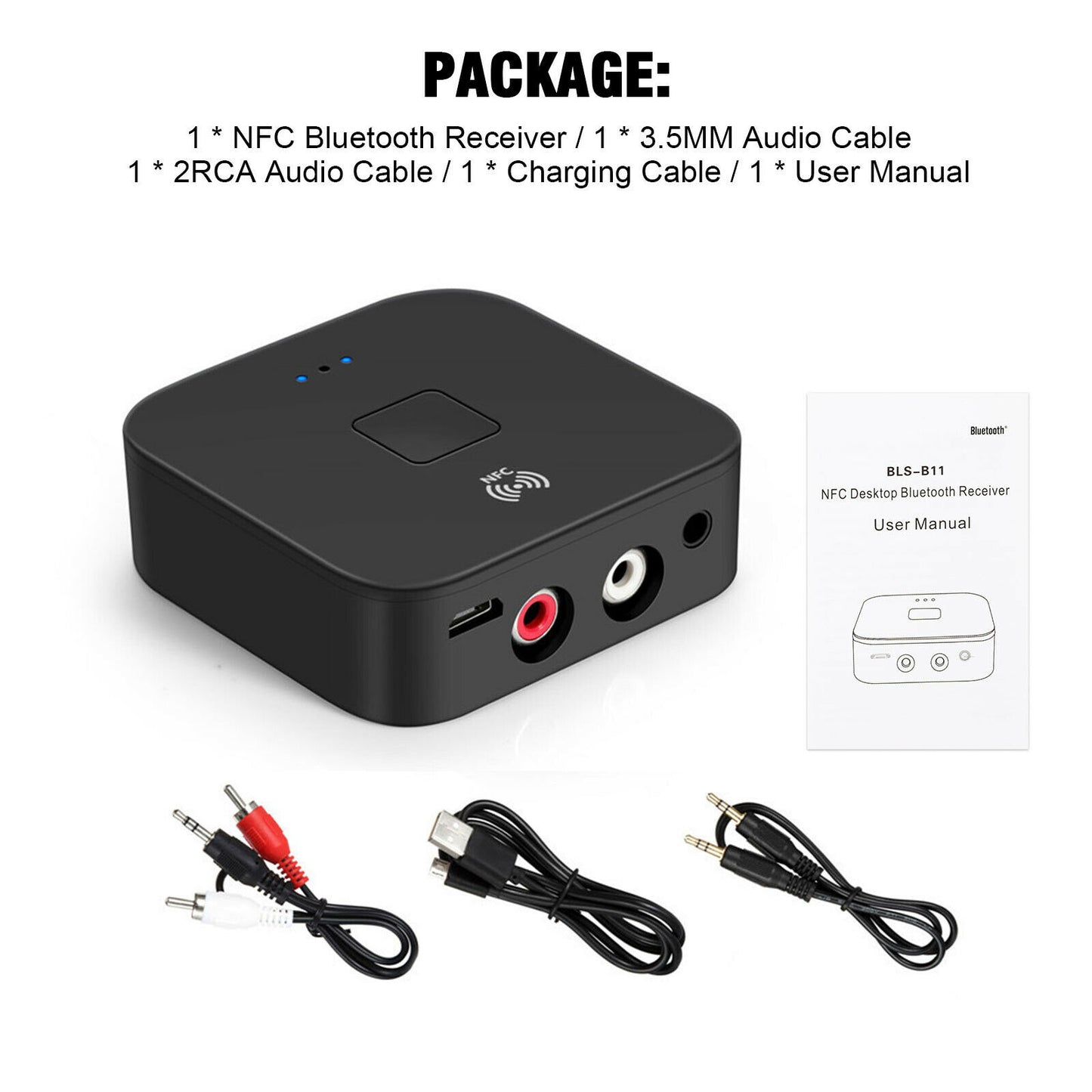 Bluetooth 5.0 Receiver Wireless 3.5mm Jack AUX NFC to 2 RCA Audio Stereo Adapter