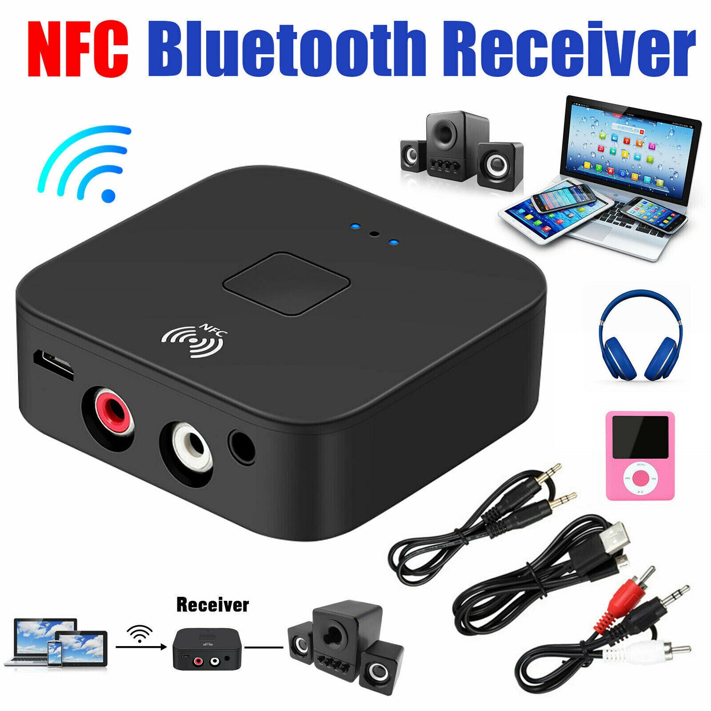 Bluetooth 5.0 Receiver Wireless 3.5mm Jack AUX NFC to 2 RCA Audio Stereo Adapter