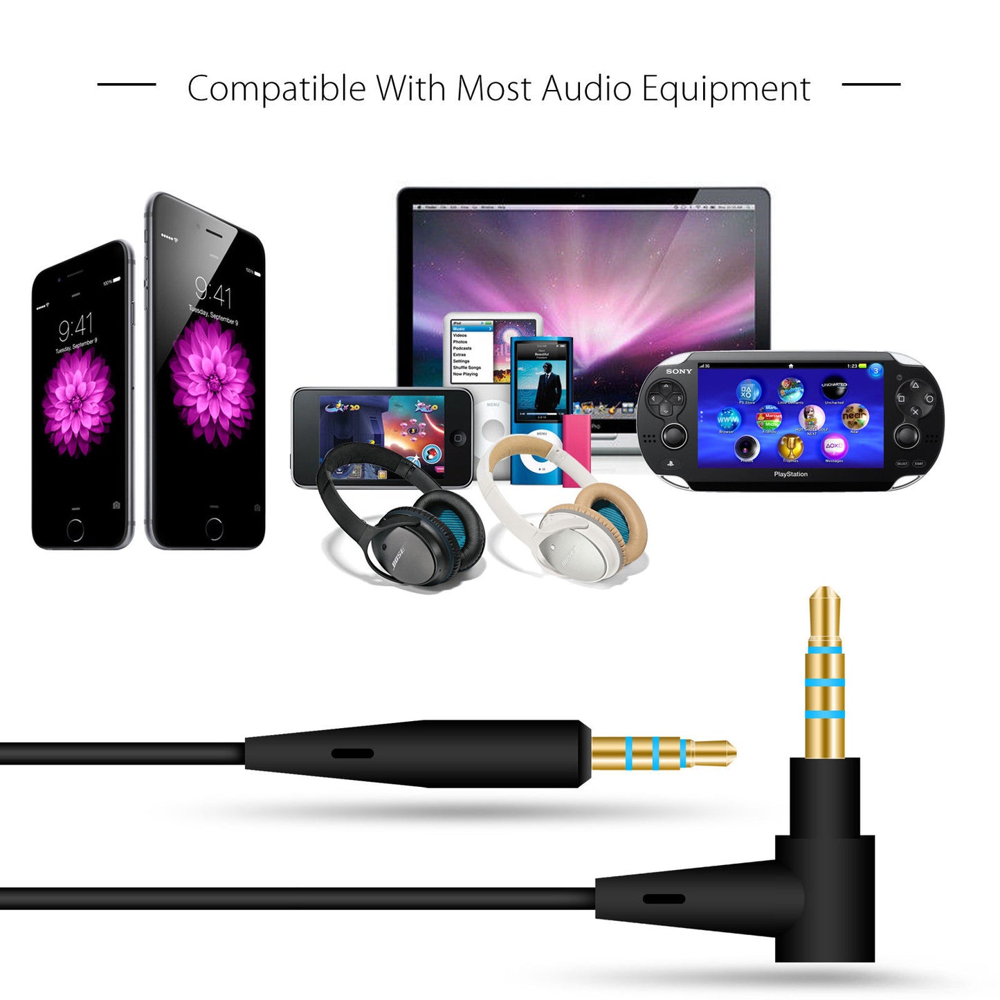 Audio Cable Wire Cord With Mic & Remote in Blue for Bose QuietComfort 25 35 QC25 QC35 QC25 ii QC35 ii SoundTrue OE SoundLink OE2 OE2i Headphones