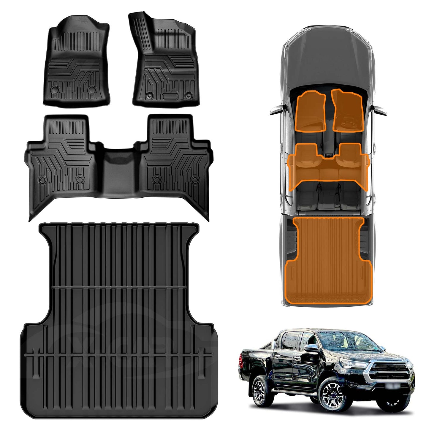 3D Floor Mats Tub Liner Set for Toyota Hilux Dual Cab Auto 2016-2025 Heavy Duty All Weather Car Mats