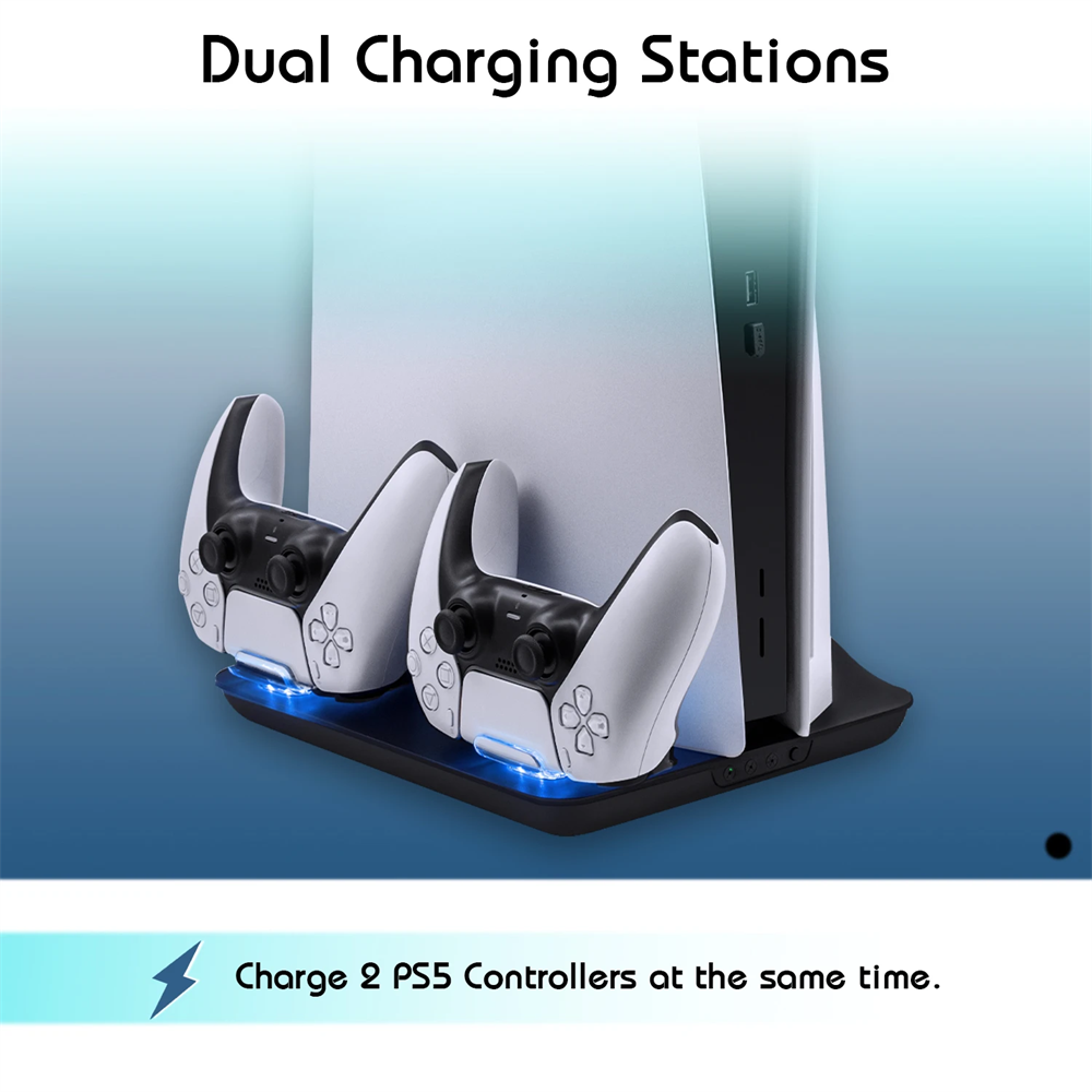 Vertical Stand with Cooling Fan and Dual Controller Charging Charger Dock Station for Sony Playstation 5 PS5 Console and Controllers