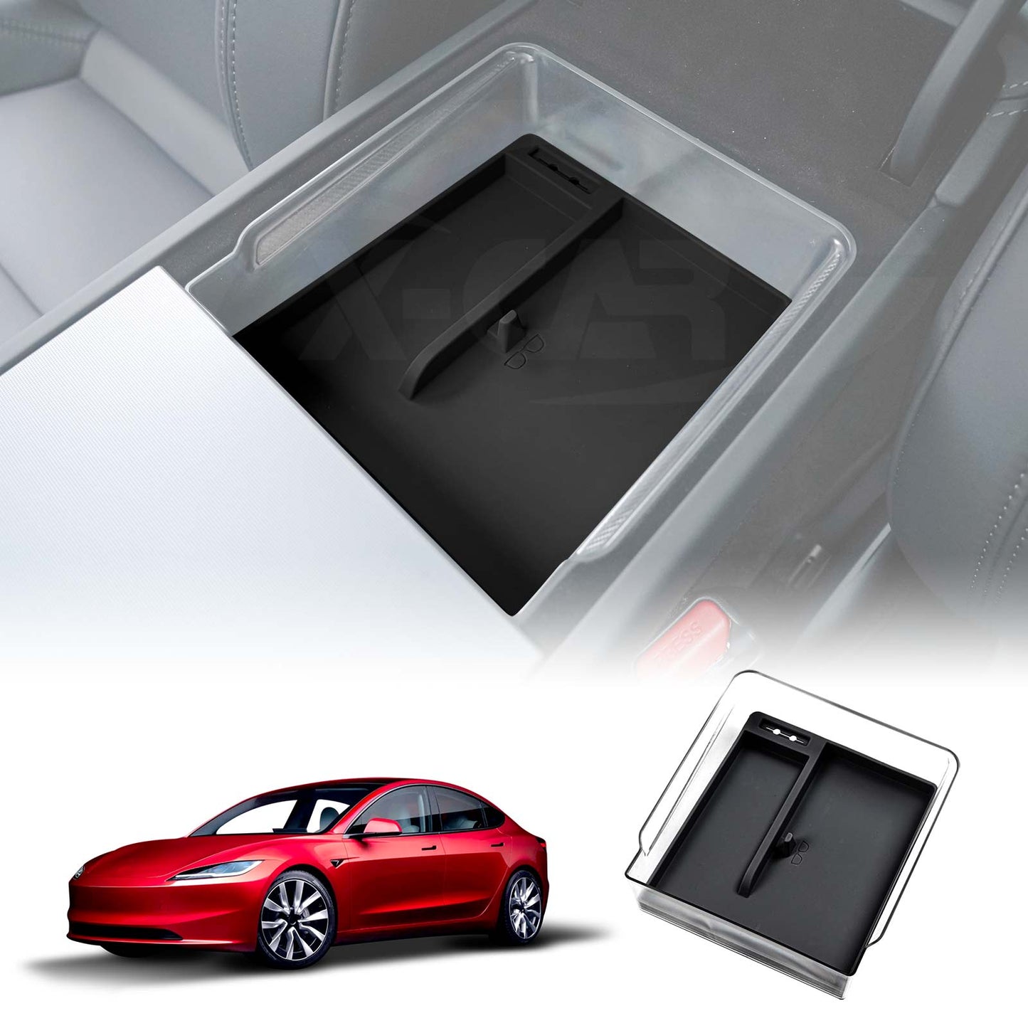 Tesla Model 3 Highland 2023-2025 Premium Centre Console Mid Organizer Tray Storage Box Drawer Container with Black Silicone Mat