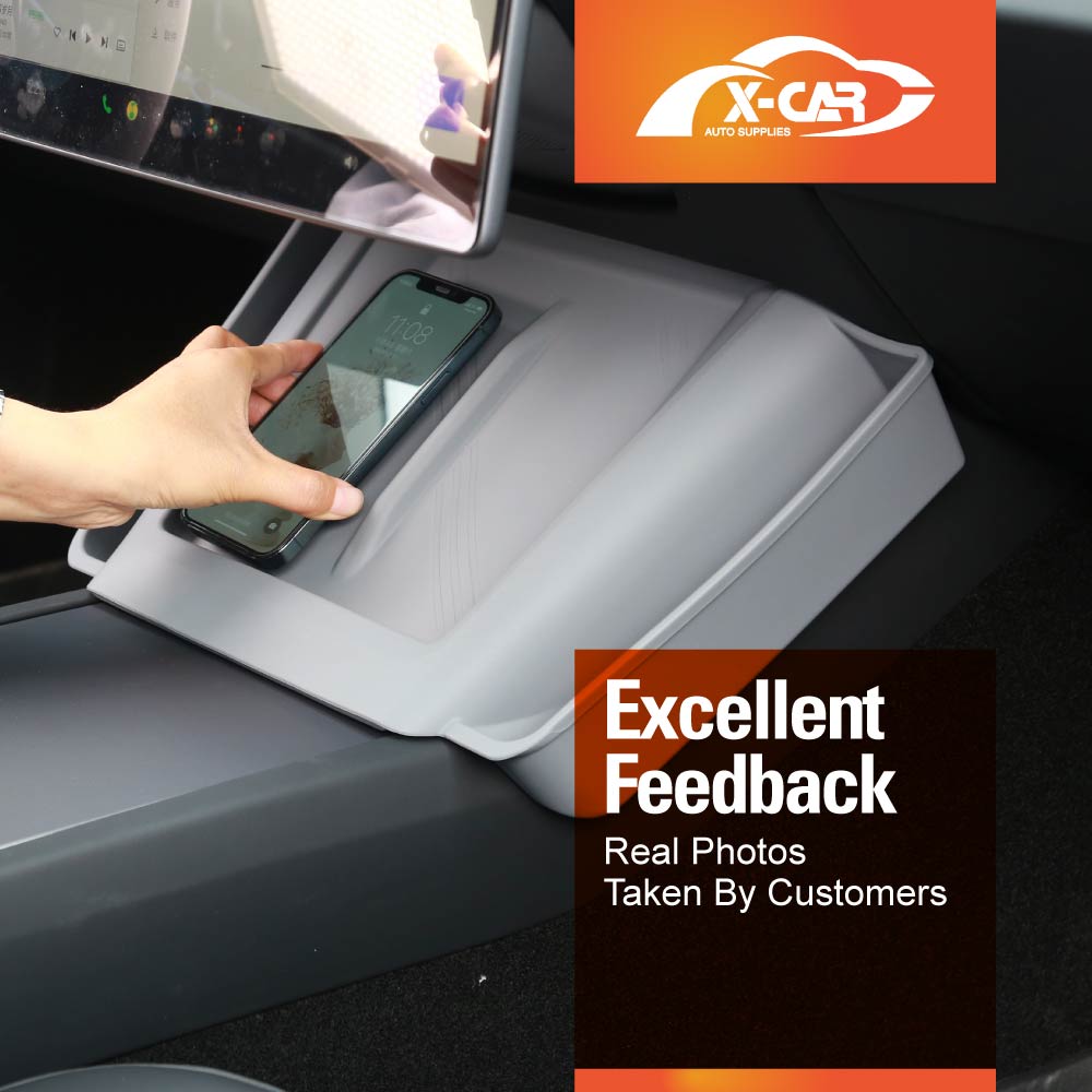 Grey Silicone Anti-Slip Mat with Side Storage For Tesla Model 3 Highland 2023-2025 Center Console Wireless Charger Protective Pad