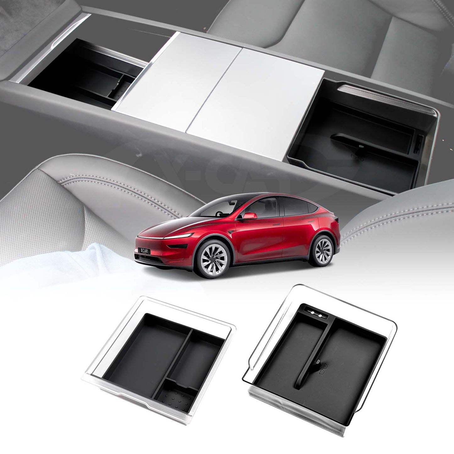 Centre Console Organizer Tray for Tesla Model Y Juniper 2025-Onwards Premium Storage Box Drawer Container with Black Silicone Mat