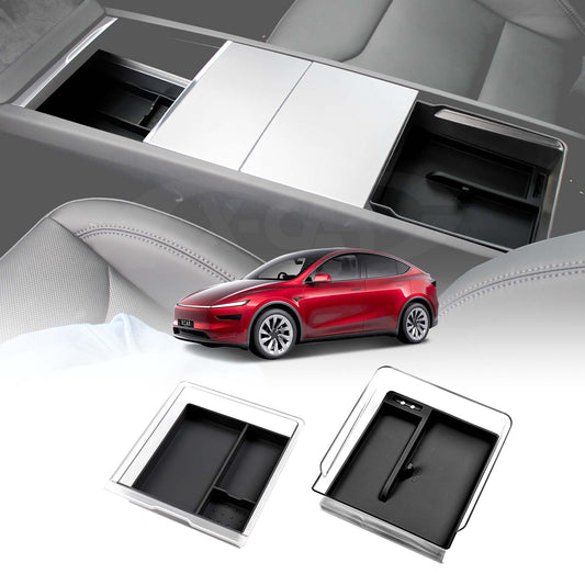 Centre Console Organizer Tray for Tesla Model Y Juniper 2025-Onwards Premium Storage Box Drawer Container with Black Silicone Mat